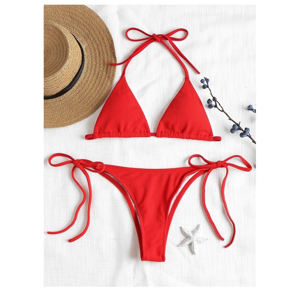 Women's Halter Triangle Bikini Ribbed String Smocked Swimwear Cheeky thong